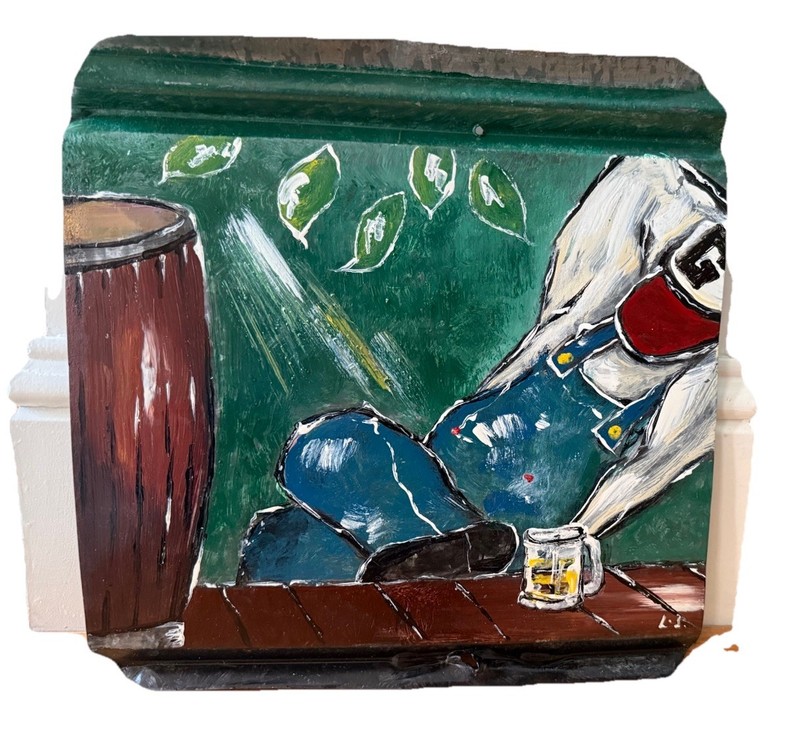 Leonard Jones Original Folk Art Painting 14×14 on Recycled Tin Metal Sign