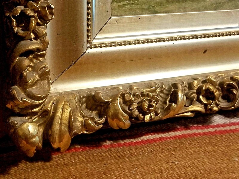 BEAUTIFUL 1800s O/C PAINTING FISHING SAIL BOAT IN STUNNING GOLD LEAF FRAME gallery