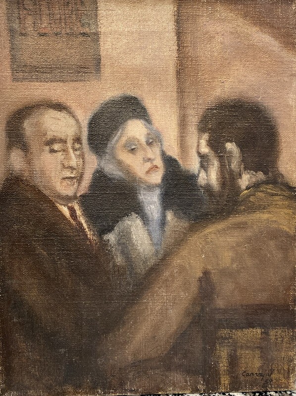 Signed 1957 Social Realist Oil on Canvas Painting of Three People Interacting