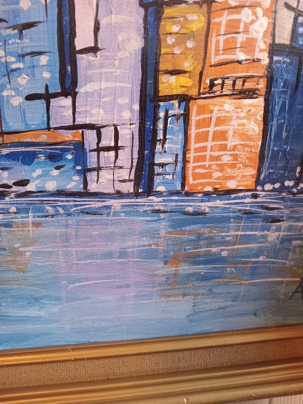 Vintg Oil On Canvas Abstract Expressionist NYC Cityscape Seaport Signed AVZ '70 gallery