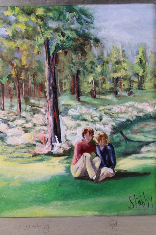Vintage Couple In The Woods Landscape Oil Painting On Canvas Signed Illegible gallery