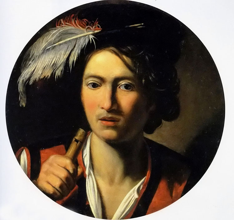 Oil Nicolas Regnier portrait of young man bust length holding flute wearing hat