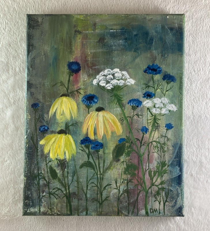 Original HAND-PAINTED INITIALED CANVAS Yellow Coneflowers Blue Bachelor Buttons