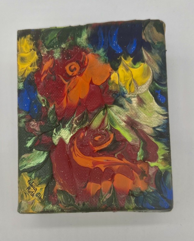 Original Pink Rose «Wild Roses 2” Oil Painting Artwork Mini 4.5”x5.5” Red Blue