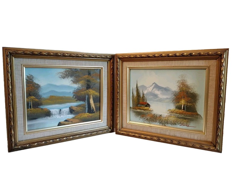 Signed Original Oil Paintings Ornate Gold Frames Mountains Cabin Waterfall 13.5x