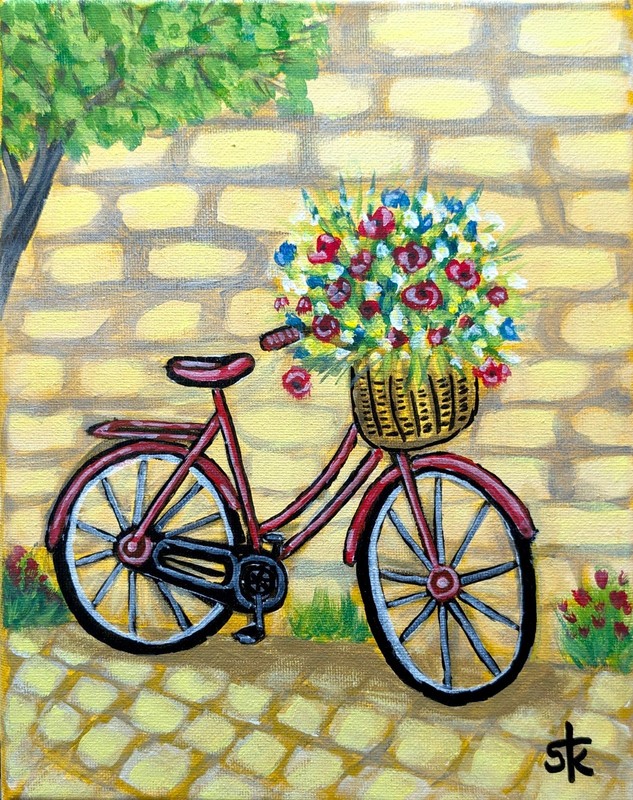 Original Hand Painted 8x10 Bicycle Flowers Acrylic Canvas Home Decor Signed gallery