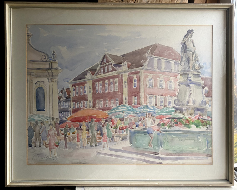 WATERCOLOR HANS TEIGTE LUDWIGSBURG BAROQUE MARKET SQUARE WITH CATHOLIC CHURCH