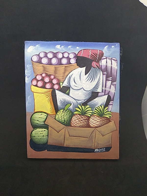 Haitian Naive Style Art Painting by Tajson Woman Fruit Vendor 8.5″ By 10.25″
