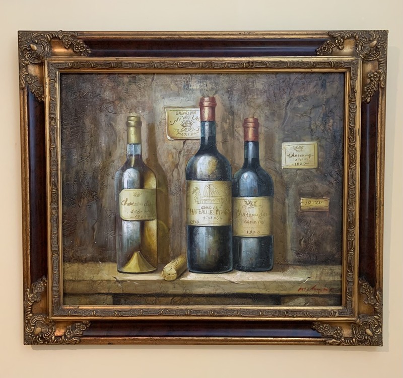 Vintage Oil Painting on Canvas Wine Bottles, signed, Framed 30”x26”