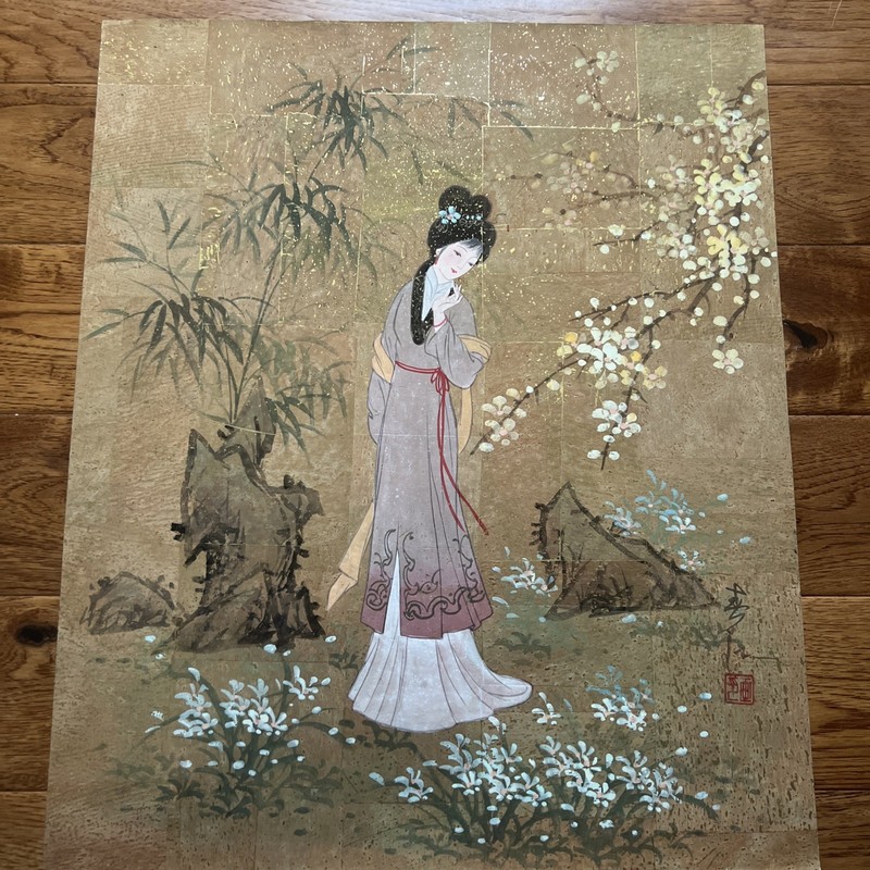 New – Vintage Beautiful Asian Gouache Watercolor Painting On Cork Paper 20 x 24