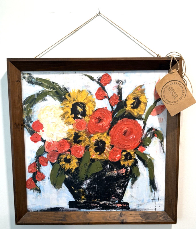 Signed Amanda Hilburn Floral Acrylic Painting Sunflowers Red Roses