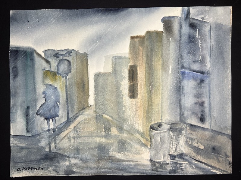 Raining Day Cityscape-Charlotte Hoffman–Mid 20th Century Watercolor–NY Artist gallery
