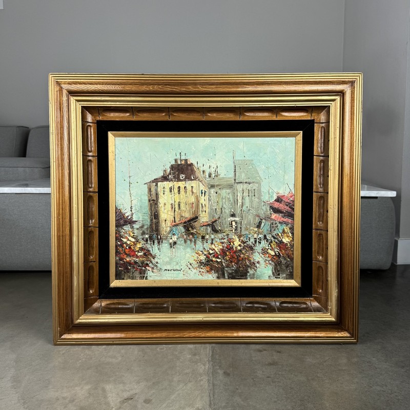MORGAN GOLD WOOD/BLACK FELT FRAMED OIL Art CANVAS PAINTING ‘MARKET SCENE’ Sign