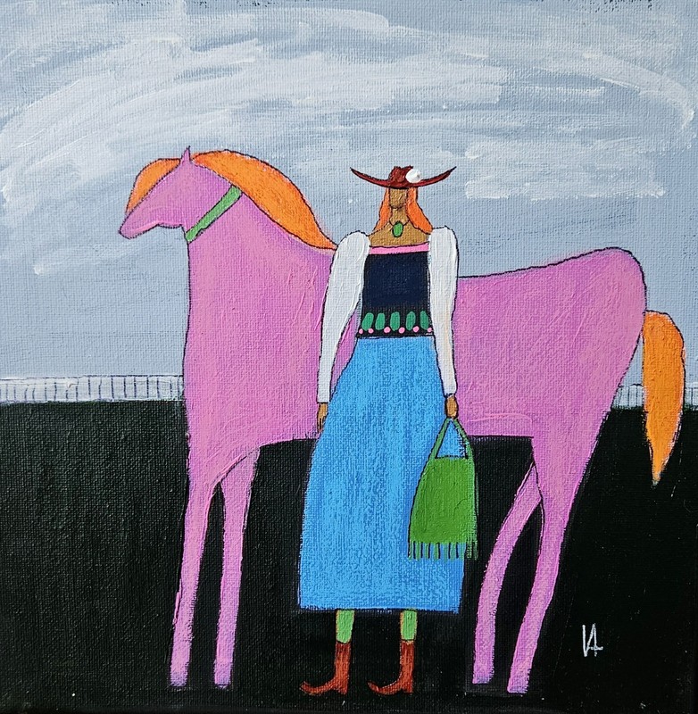 Folk Painting Original Woman Horse Portrait Canvas Outsider Whimsical 10×10 Art
