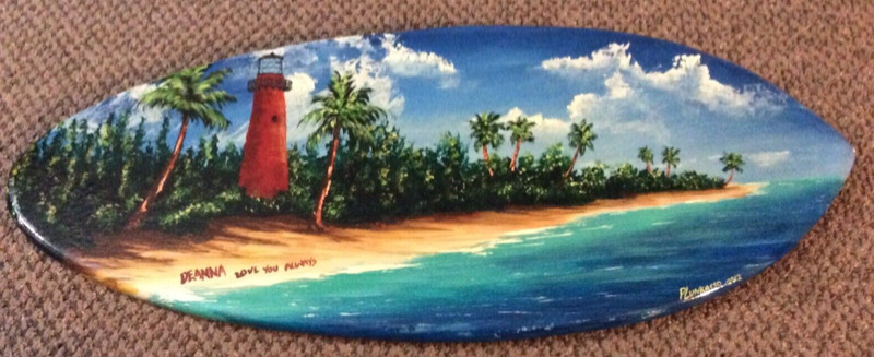 Original Oil Painting Lighthouse Art Mini Wood Surf Board Signed Plunkasso 2002