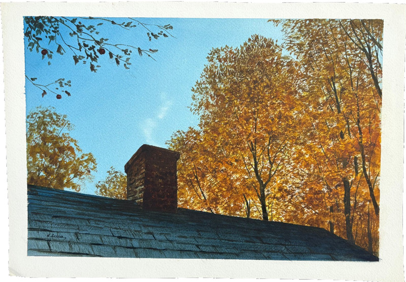 Autumn Trees over a Rooftop 18 3/8 x 12 5/8 W/C Painting-William Senior