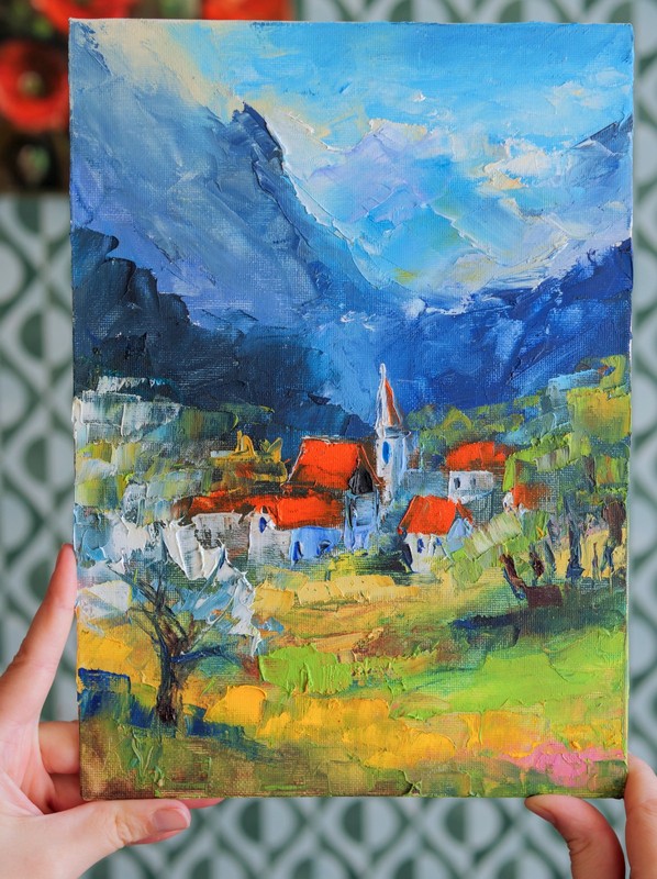 Swiss Alpine Village Oil Painting 8x12" Switzerland Red Roofs Original Handmade gallery