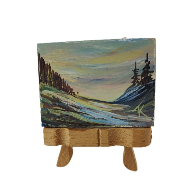 Mini Studio Art Landscape Painting Signed by TK Handmade Eisel 2.5 Inches