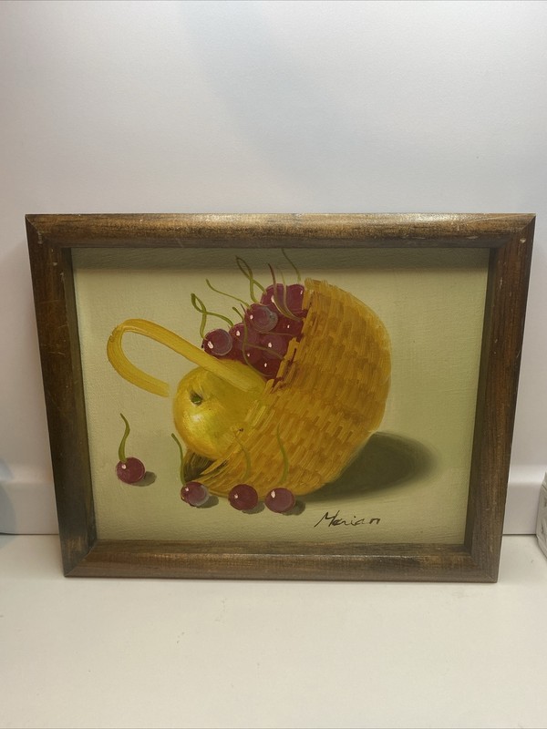Marian? Still Life Basket Of Fruit Cherries And Orange Oil Painting On Canvas