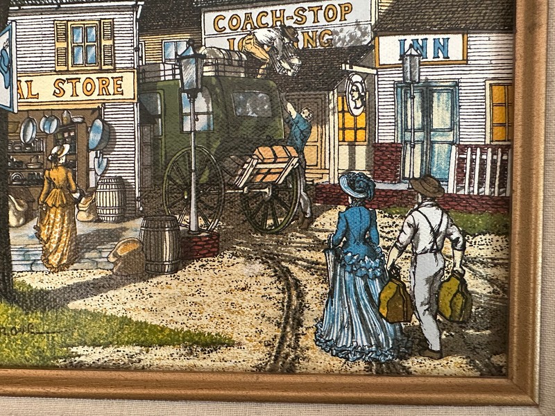 1985 - Signed H. Hargrove - General Store/Coach-Stop Serigraph on Canvas -Framed gallery