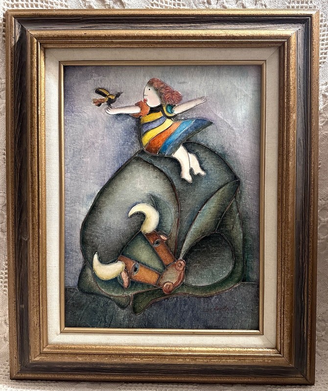 J. Roybal Original Oil Painting on Canvas Girl w Bird Riding Bull Framed Signed