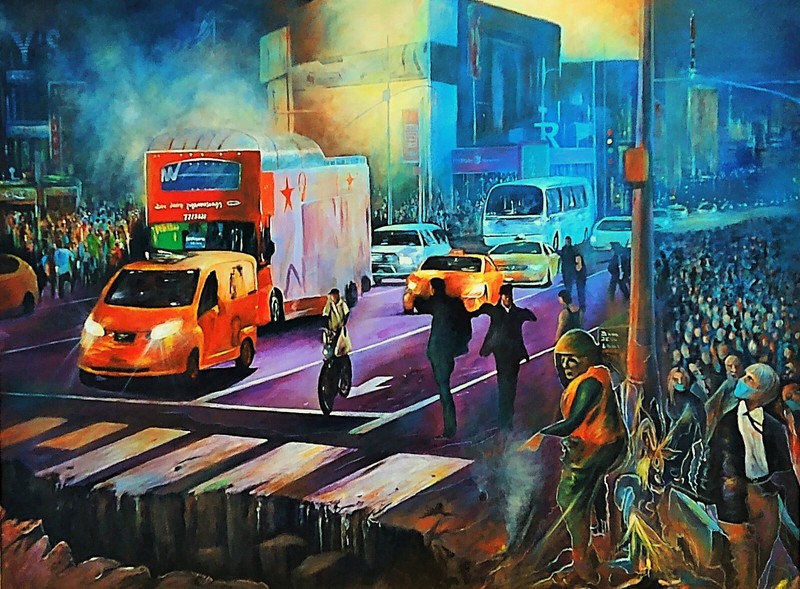 Original acrylic painting on canvas, scene of urban America New York, precipice 
