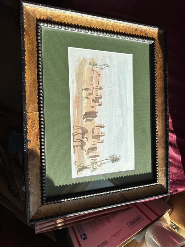 Fine Artist Signed Watercolor Arabian Travelers Camel Palm Trees in Desert Frame
