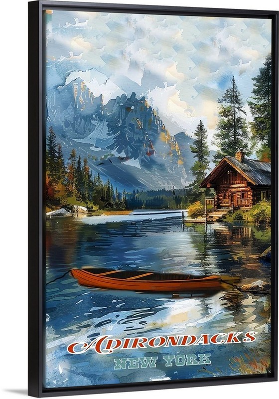Adirondacks NY Cabin Lake Canoe Boat Travel Poster ON Canvas, Print or Framed