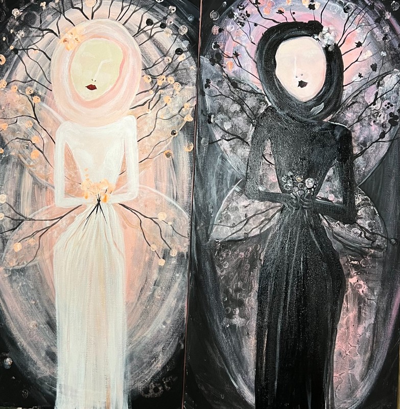 Dark Gothic Fairy and Her Twin Sister Light Gothic Fairy Original Art by Judy V