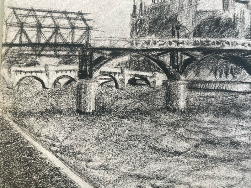 1970 Charcoal Drawing on Paper Paris Seine Quay Notre-Dame Pont Neuf Urban Art gallery