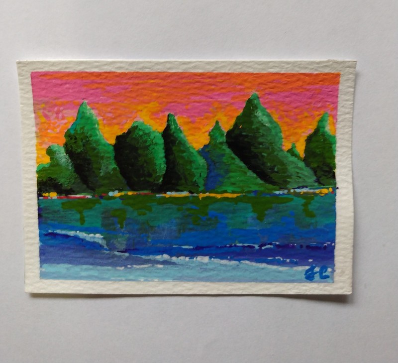 aceo art card original signed 2.5×3.5 » hersey kisses trees»