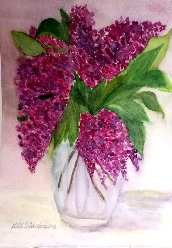 Original watercolor painting of a floral still lifeA bouquet of lilacs in a vase