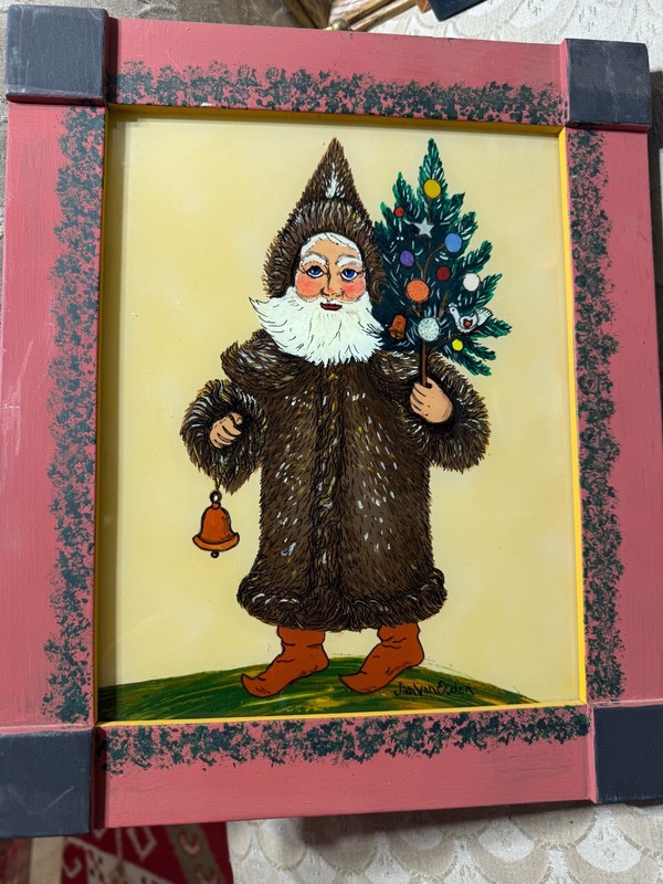 Jan Van Eden Pennsylvania Folk Art «Bellsnickle» Reverse Oil Painting – Framed
