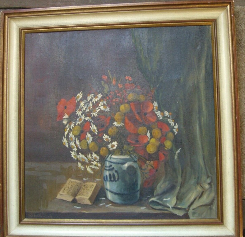 Pommerencke Jug Flower Bouquet Bible Poppy Curtain Red Antique Signed