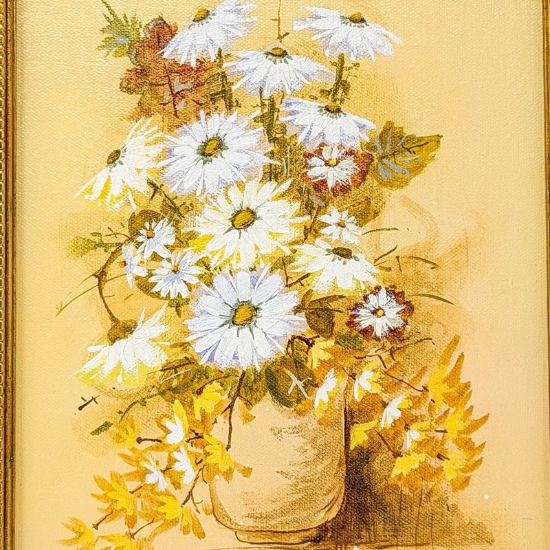 Floral Still Life Oil Painting In Ornate Gold Frame Daisy's & Red Flowers 11"x9" gallery