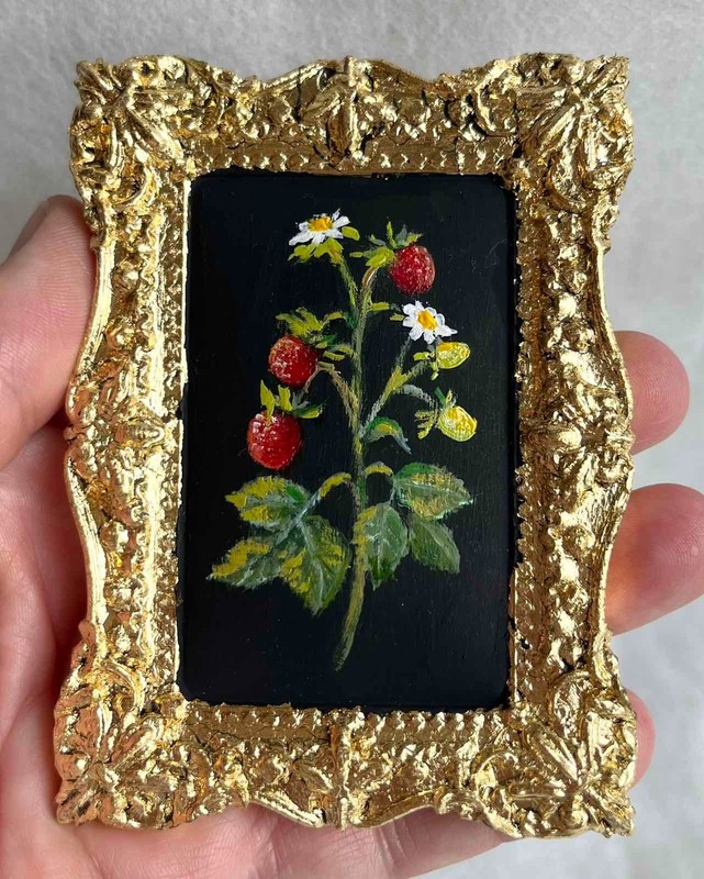 Wild Strawberries ORIGINAL OIL PAINTING on Plaster Miniature Wall ART 4 x 3 in