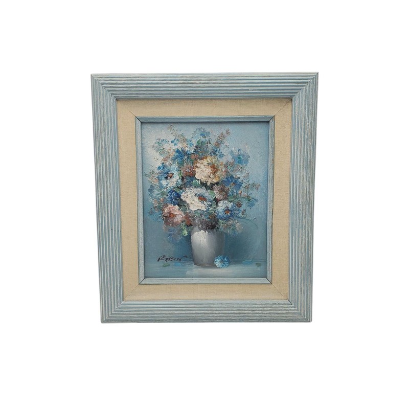 VTG Robin Signed Painted Flower Floral Bouquet in Vase 15×13 Framed Oil Painting