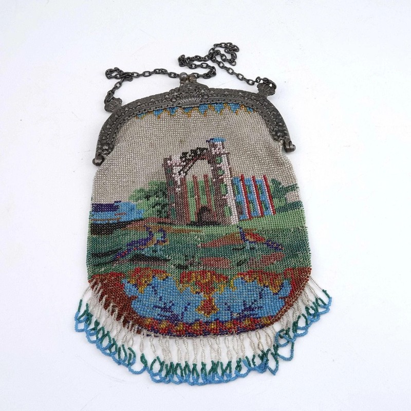 c1900 Beaded Handbag with intricate Architectural Landscape 800 sterling silver gallery