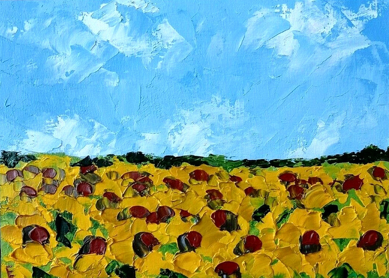 Oil Painting Original Art Sunflowers Field of Flowers Landscape Sky size 5 x 7″