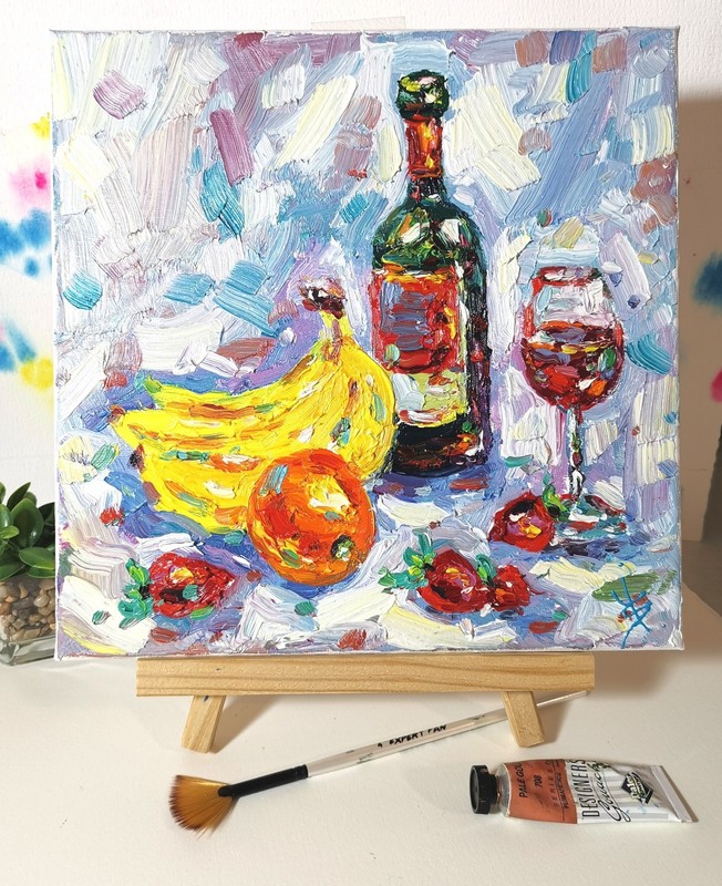 Original Oil Painting Still Life – Wine, Bananas, Orange, Strawberries, 10×10 in