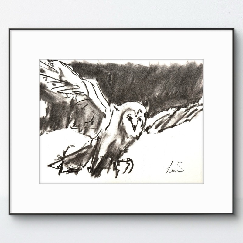 Original Abstract Expressionism 9X12 Flying Owl Charcoal Handmade Signed 11