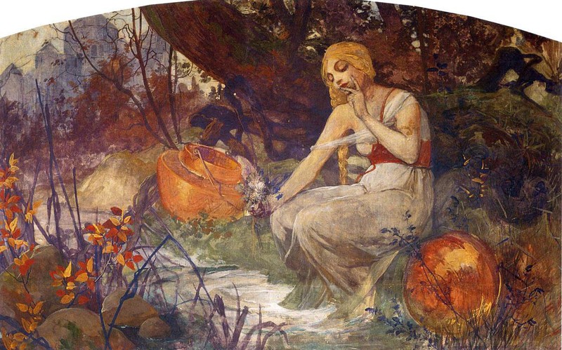 Oil painting Alphonse-Maria-Mucha Prophetess nice young fairy girl beauty lady
