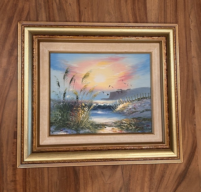 Original Oil on Board Coastal Seascape Beach Sunset Dunes Framed Painting Art