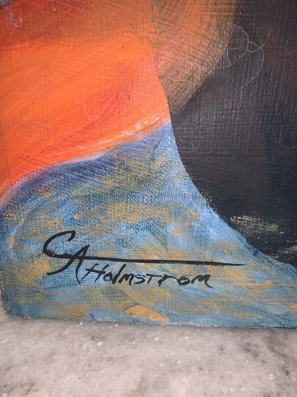 VTG 1984 CA Holmstrom ‘Promordial Soup’ Blue Org Blk Red Modern Canvas 18”x20” gallery
