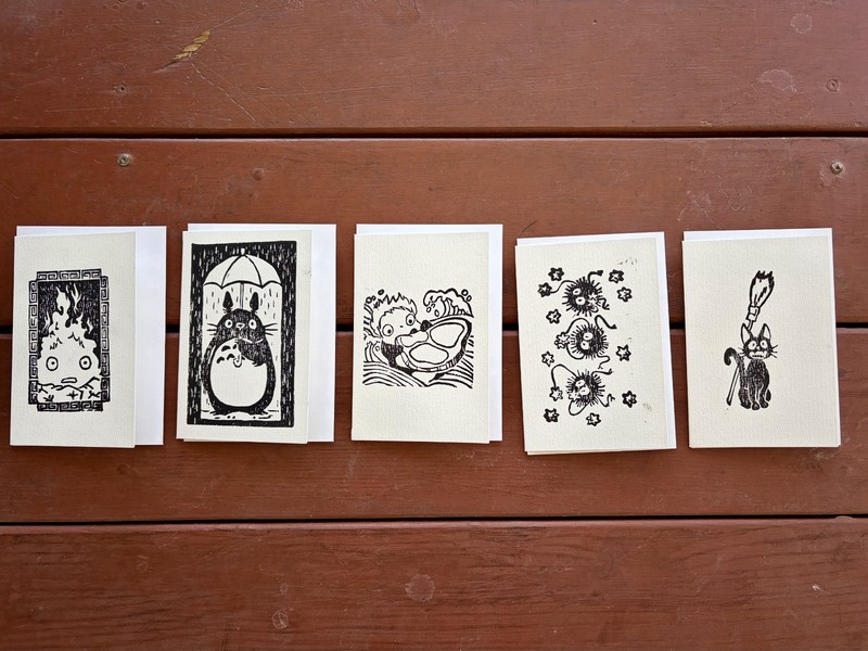 Original Studio Ghibli Greeting Cards 1 Print By Alannah Dyer- 4×6 in. Lino Cut