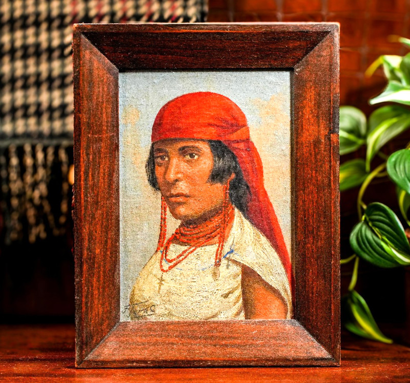 Fantastic Signed South American Woman Portrait Antique Oil Painting Art Culture