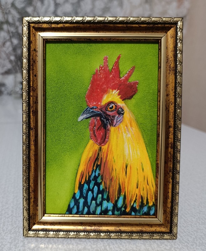 ORIGINAL Oil Painting Rooster Contemporary Wall art Miniature Handmade Birds gallery