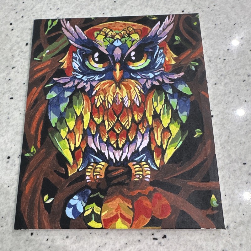 Abstract Owl Animal Painting on Canvas, Unframed 19 /15 in Small Artwork
