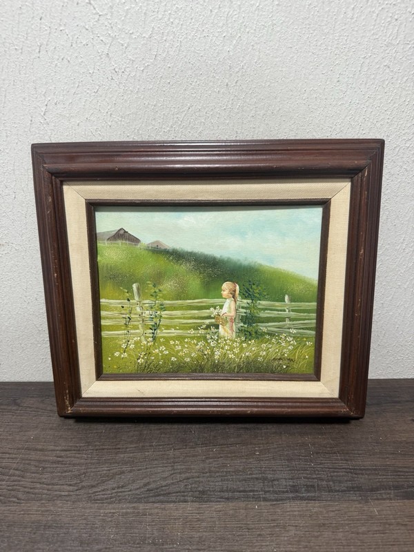 VTG Oil On Wood of Young Girl Picking Flowers In Field Signed 8×10 Framed