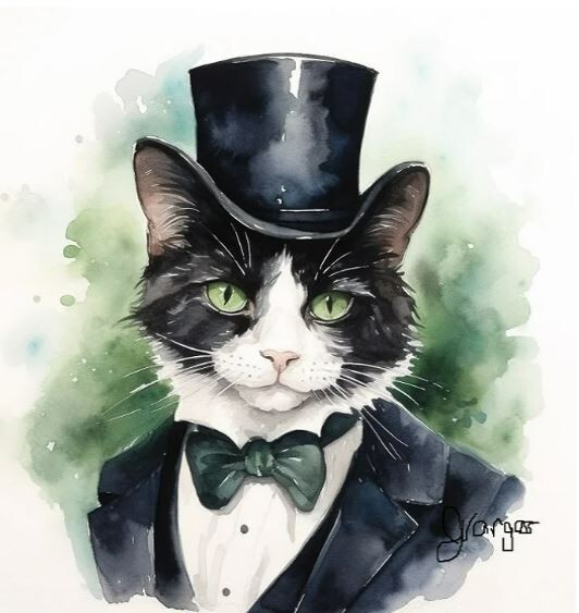 ​Watercolor Tuxedo Cat Art Print 8×11 – Black & White Cat Portrait Wall Decor
